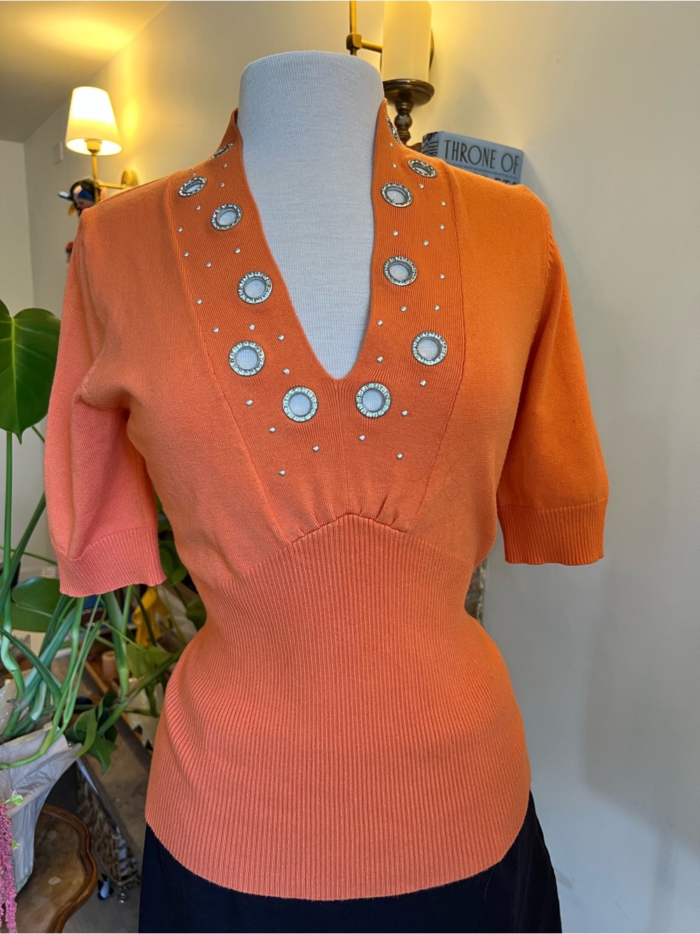Belldini Orange V-Neck Short Sleeve Sweater with Embellished Neckline